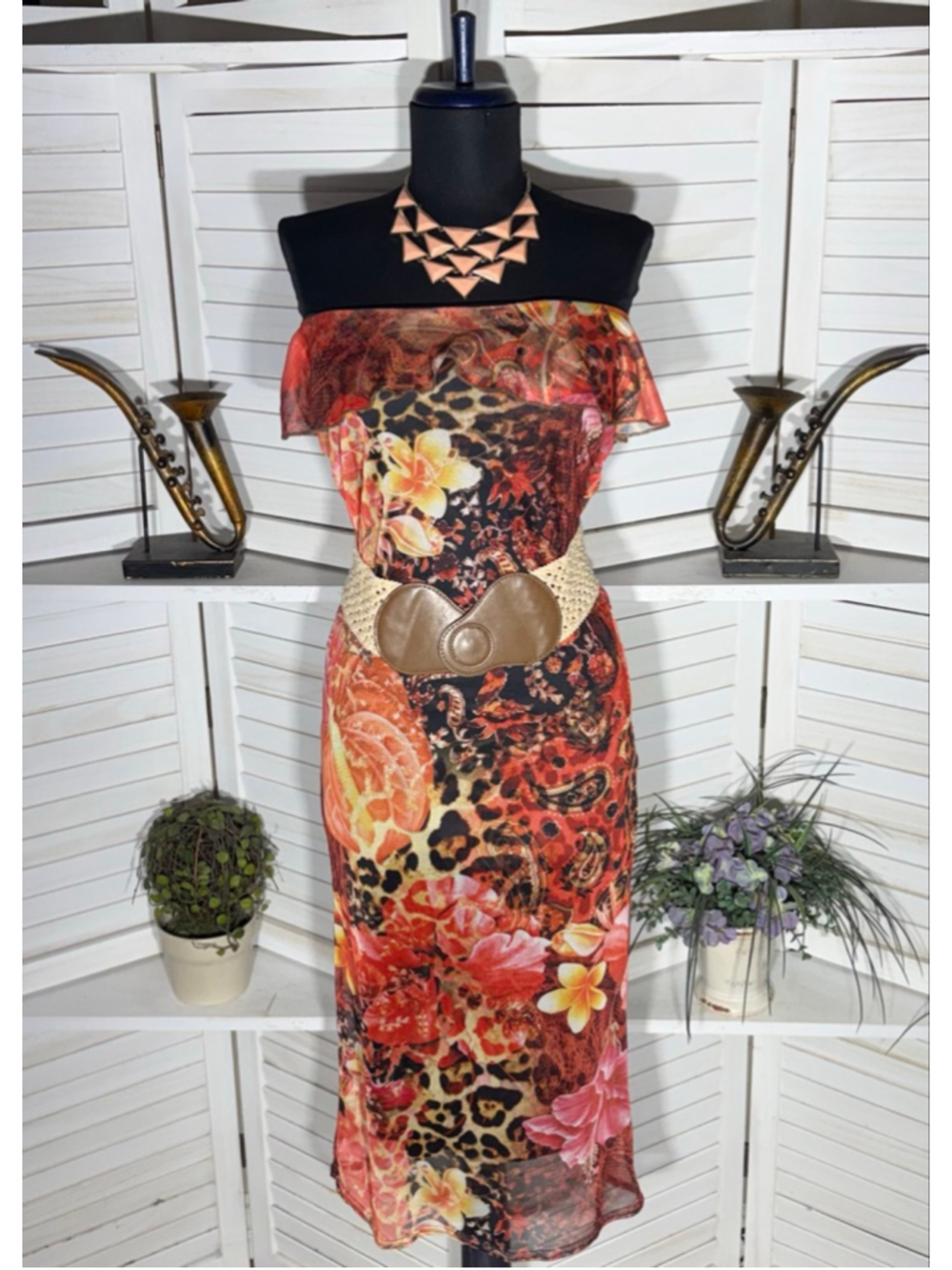 Boohoo strapless boho dress ruffled paisley tropical bright floral print sz 6